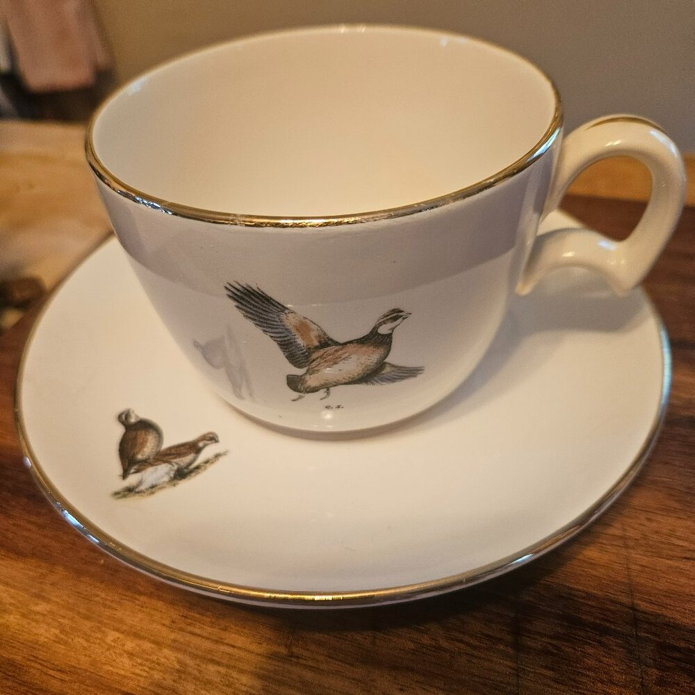 vintage delano studios hand colored pheasant saucer and tea cup